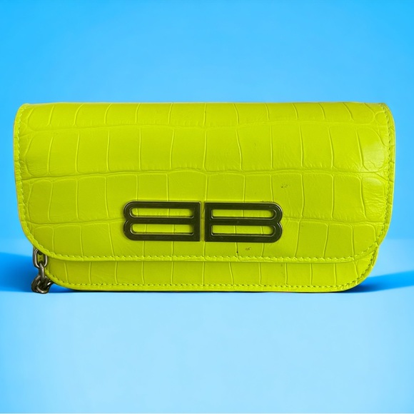 AUTHENTIC BALENCIAGA BB Chain Crocodile Leather Crossbody Bag Yellow - Picture 2 of 4